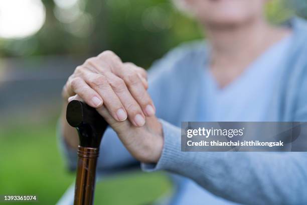 close-up of senior woman's hands holding her walking sticks sitting at park. - bastone da passeggio foto e immagini stock