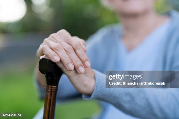 close-up of senior woman's hands holding her walking sticks sitting at park. - cane ストックフォトと画像