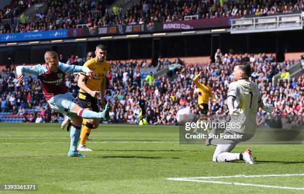 Matej Vydra of Burnley scores a goal, which is later ruled out, during the Premier League match between Burnley and Wolverhampton Wanderers at Turf...