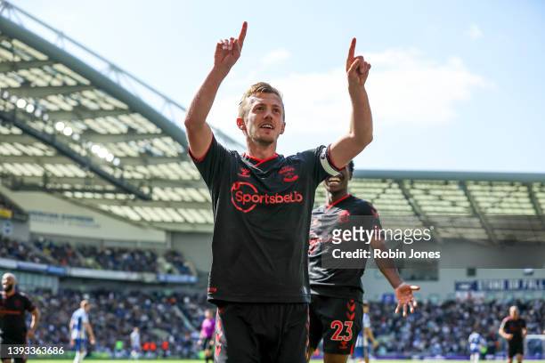 James Ward-Prowse of Southampton celebrates after he scores a goal to make it 2-0, his second, during the Premier League match between Brighton &...