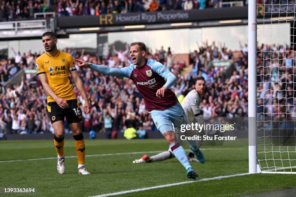 Matej Vydra of Burnley celebrates after scoring their team's first goal during the Premier League match between Burnley and Wolverhampton Wanderers...