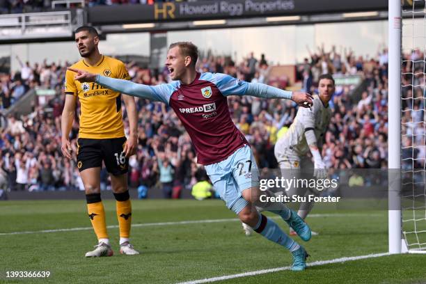 Matej Vydra of Burnley celebrates after scoring their team's first goal during the Premier League match between Burnley and Wolverhampton Wanderers...