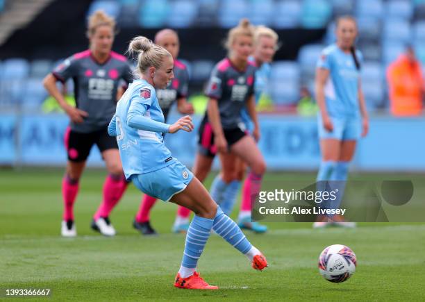 Alex Greenwood of Manchester City Women scores their team's fourth goal from a penalty during the Barclays FA Women's Super League match between...