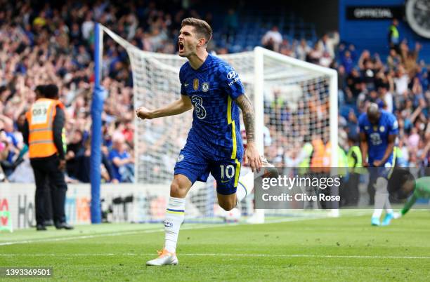 Christian Pulisic of Chelsea celebrates after scoring their team's first goal during the Premier League match between Chelsea and West Ham United at...