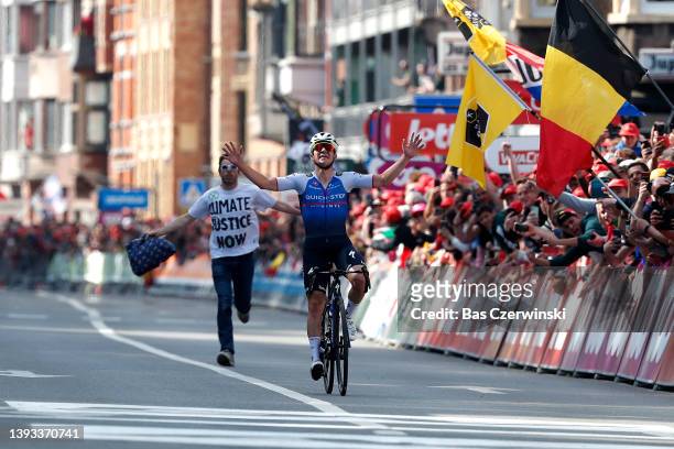 Remco Evenepoel of Belgium and Team Quick-Step - Alpha Vinyl celebrates at finish line as race winner during the 108th Liege - Bastogne - Liege 2022...