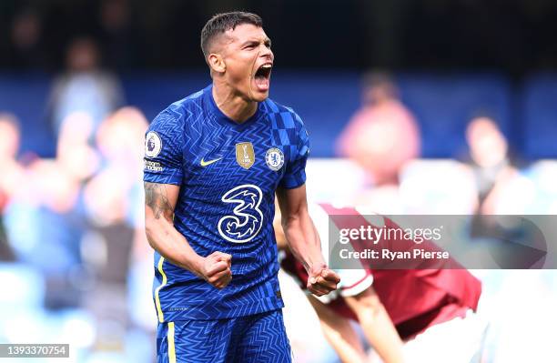 Thiago Silva of Chelsea celebrates after their sides victory during the Premier League match between Chelsea and West Ham United at Stamford Bridge...