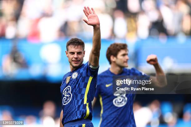 Cesar Azpilicueta of Chelsea celebrates after their sides victory during the Premier League match between Chelsea and West Ham United at Stamford...