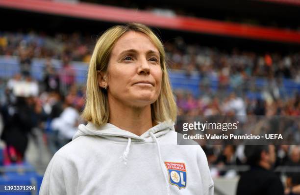 Sonia Bompastor, Manager of Olympique Lyon, looks on prior to kick off of the UEFA Women's Champions League Semi Final First Leg match between...