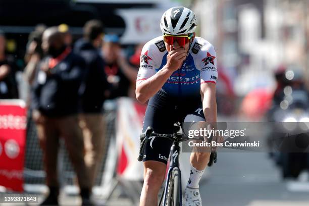 Remco Evenepoel of Belgium and Team Quick-Step - Alpha Vinyl celebrates at finish line as race winner during the 108th Liege - Bastogne - Liege 2022...