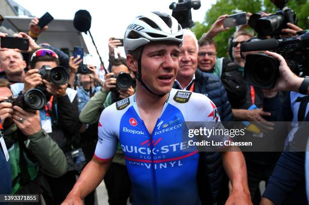 Remco Evenepoel of Belgium and Team Quick-Step - Alpha Vinyl celebrates at finish line as race winner during the 108th Liege - Bastogne - Liege 2022...