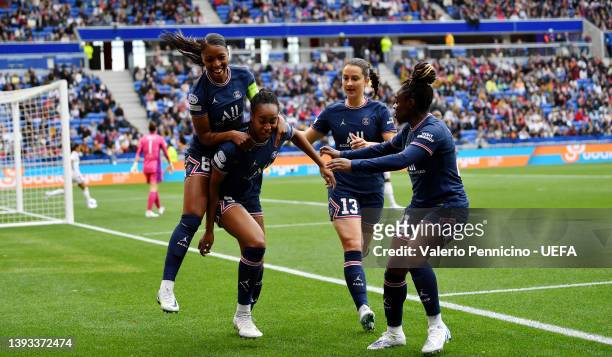 Marie-Antoinette Katoto of Paris Saint Germain celebrates scoring their side's first goal with teammates Luana, Sara Dabritz and Sandy Baltimore...