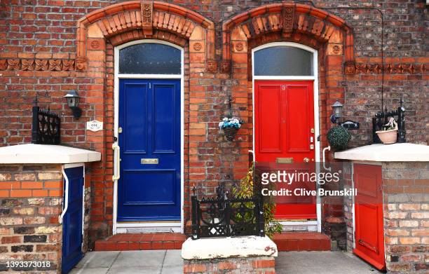 General view outside the stadium of nearby housing prior to the Premier League match between Liverpool and Everton at Anfield on April 24, 2022 in...