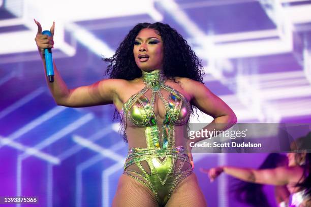 Singer Megan Thee Stallion performs on the Main Stage during Week 2, Day 2 of the 2022 Coachella Valley Music and Arts Festival on April 23, 2022 in...