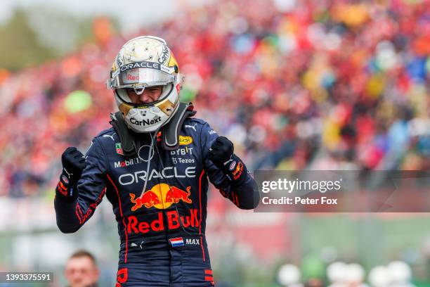 Max Verstappen of Red Bull Racing and The Netherlands celebrates winning the F1 Grand Prix of Emilia Romagna at Autodromo Enzo e Dino Ferrari on...