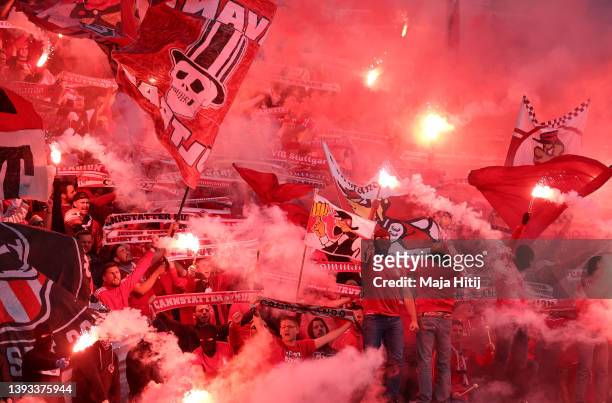 Ultra fans of VfB Stuttgart light flares and smoke flares prior to kick off of the Bundesliga match between Hertha BSC and VfB Stuttgart at...