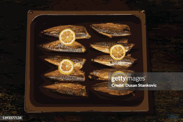 roasted mackerel with lemon - fillet stock illustrations