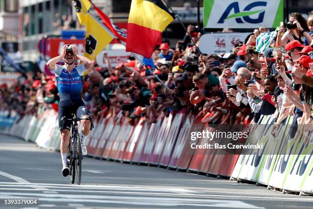 Remco Evenepoel of Belgium and Team Quick-Step - Alpha Vinyl celebrates at finish line as race winner during the 108th Liege - Bastogne - Liege 2022...