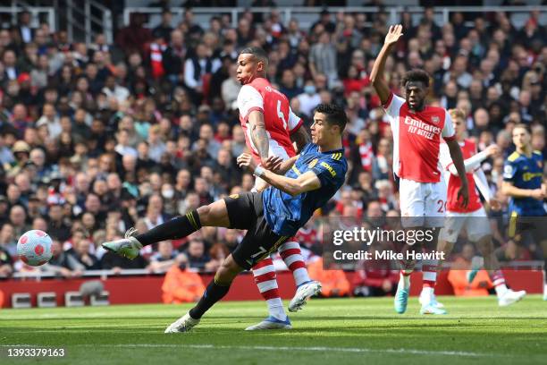 Cristiano Ronaldo of Manchester United scores but sees the goal ruled out for offside during the Premier League match between Arsenal and Manchester...