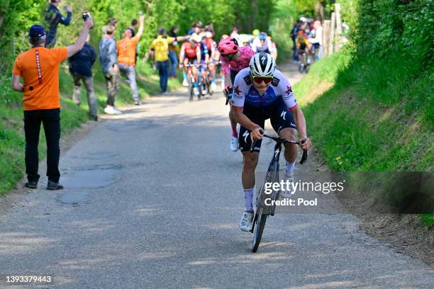 Remco Evenepoel of Belgium and Team Quick-Step - Alpha Vinyl attacks during the 108th Liege - Bastogne - Liege 2022 - Men's Elite a 257,2km one day...