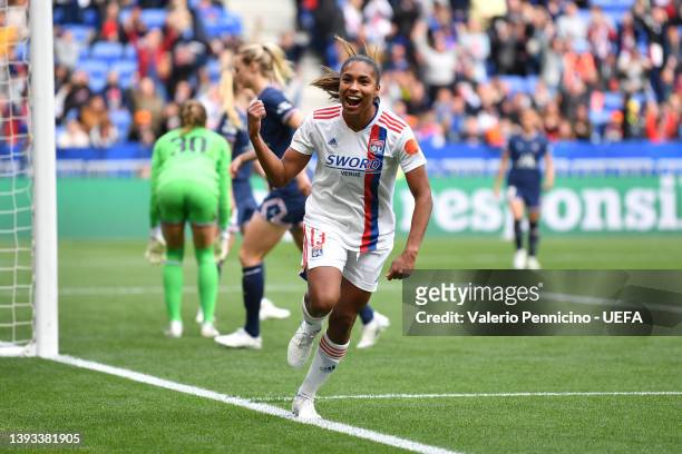Catarina Macario of Olympique Lyon celebrates scoring their side's third goal during the UEFA Women's Champions League Semi Final First Leg match...