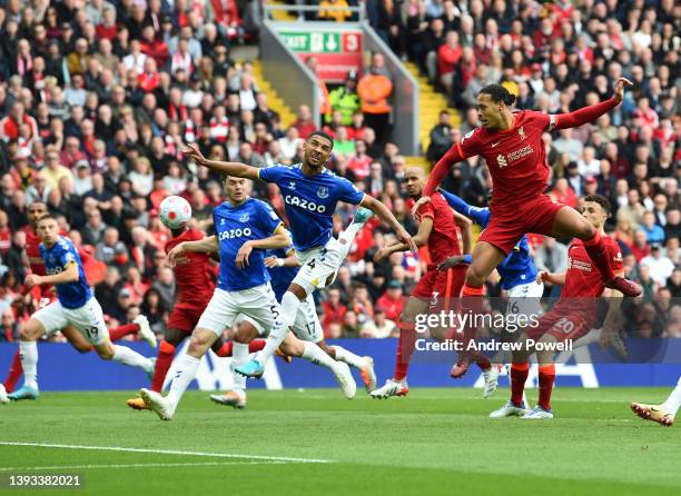 Virgil van Dijk of Liverpool during the Premier League match between Liverpool and Everton at Anfield on April 24, 2022 in Liverpool, England.