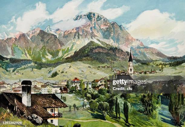 cortina d'ampezzo, monte cristall im hintergrund - cortina stock-grafiken, -clipart, -cartoons und -symbole