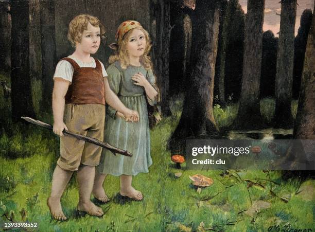 hänsel and gretel in the forest, fairy tale of the brothers grimm - old brother stock illustrations