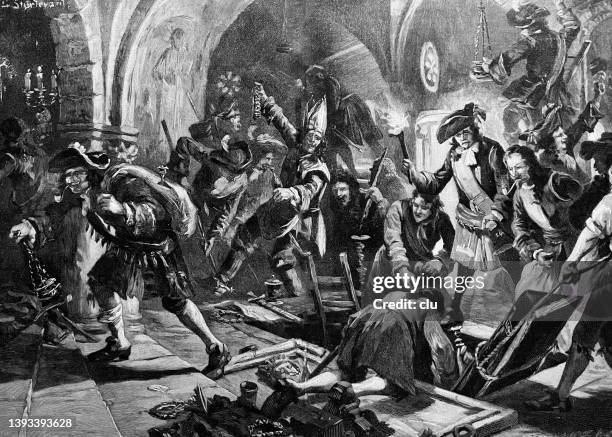 the french looting the imperial tombs in speyer cathedral in 1688 - tomb stock illustrations