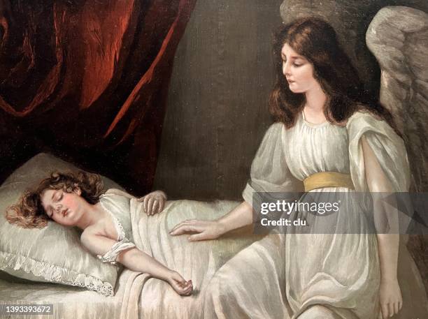 the guardian angel sitting at a girl's bed - guardian angel angel stock illustrations