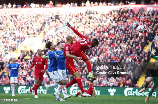 Divock Origi of Liverpool scores their team's second goal during the Premier League match between Liverpool and Everton at Anfield on April 24, 2022...