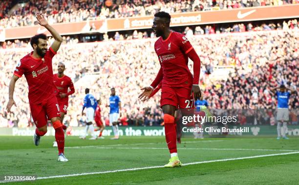 Divock Origi celebrates eith Mohamed Salah of Liverpool after scoring their team's second goal during the Premier League match between Liverpool and...