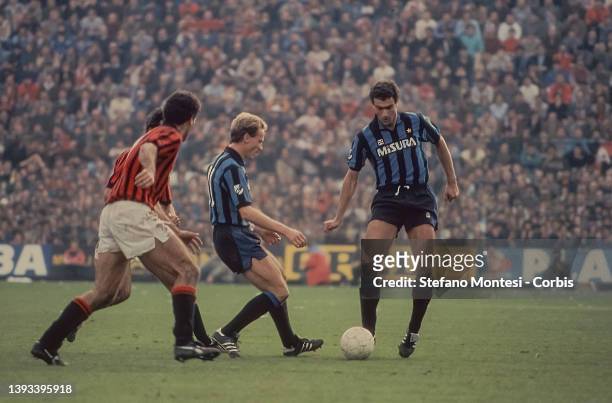 Karl-Heinz Rummenigge FC Internazionale and Giuseppe Bergomi FC Internazionale during a Serie A match between AC Milan and FC Internazionale at...