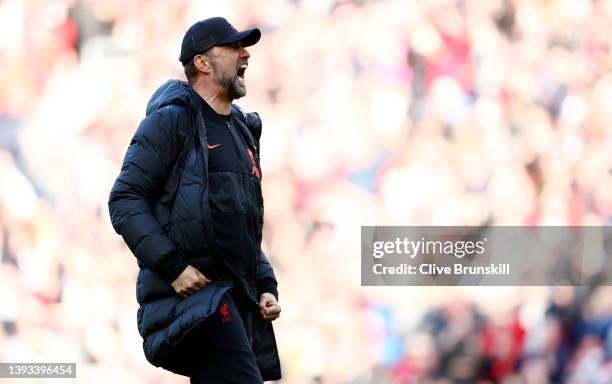 Juergen Klopp, Manager of Liverpool celebrates with the fans after their sides victory during the Premier League match between Liverpool and Everton...
