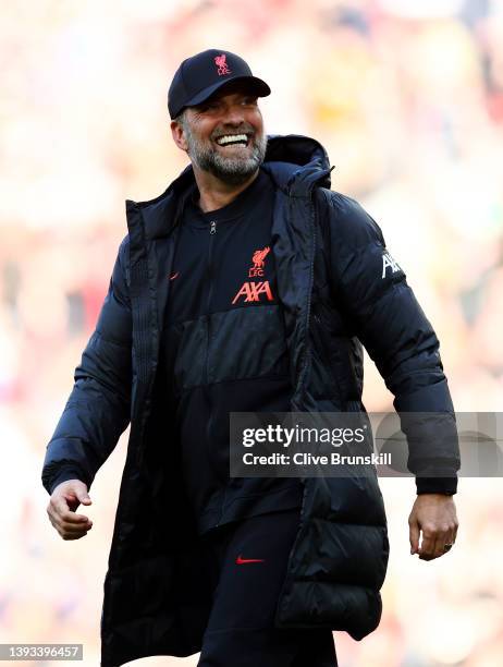 Juergen Klopp, Manager of Liverpool celebrates with the fans after their sides victory during the Premier League match between Liverpool and Everton...