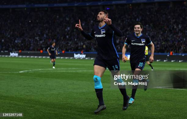 Ishak Belfodil of Hertha Berlin celebrates scoring their side's second goal with teammate Jurgen Ekkelenkamp during the Bundesliga match between...