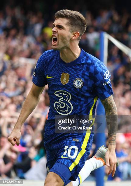 Christian Pulisic of Chelsea celebrates after scoring their team's first goal during the Premier League match between Chelsea and West Ham United at...