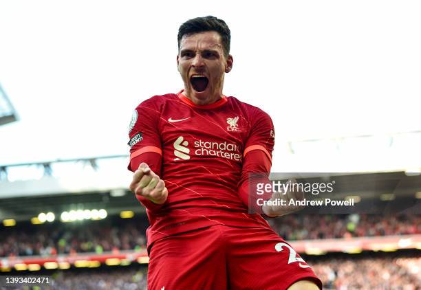 Andy Robertson of Liverpool celebrates after scoring the opening goal during the Premier League match between Liverpool and Everton at Anfield on...
