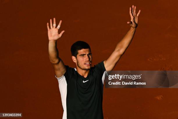 Carlos Alcaraz of Spain celebrates after winning their match against Pablo Carreño Busta of Spain during Day seven of Barcelona Open Banc Sabadell...