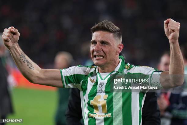 Joaquin Sanchez of Real Betis celebrates victory after the Copa del Rey final match between Real Betis and Valencia CF at Estadio La Cartuja on April...