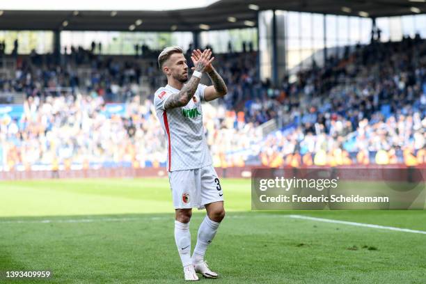 Niklas Dorsch of Augsburg after the Bundesliga match between VfL Bochum and FC Augsburg at Vonovia Ruhrstadion on April 24, 2022 in Bochum, Germany.