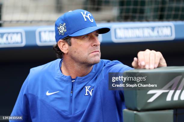 Manager Mike Matheny of the Kansas City Royals looks on before the game against the Seattle Mariners at T-Mobile Park on April 23, 2022 in Seattle,...