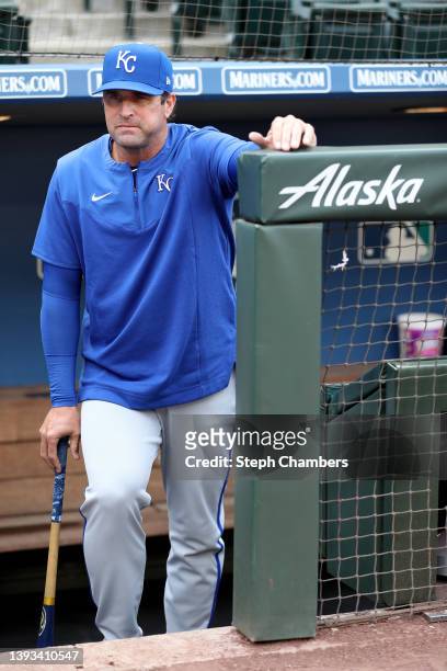 Manager Mike Matheny of the Kansas City Royals looks on before the game against the Seattle Mariners at T-Mobile Park on April 23, 2022 in Seattle,...