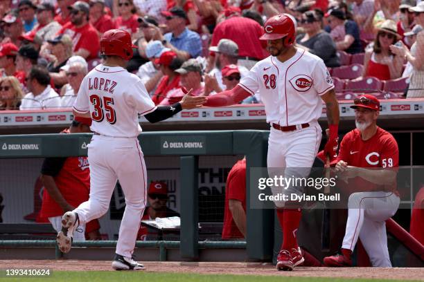 Alejo Lopez and Tommy Pham of the Cincinnati Reds celebrate after Lopez scored a run in the second inning against the St. Louis Cardinals at Great...