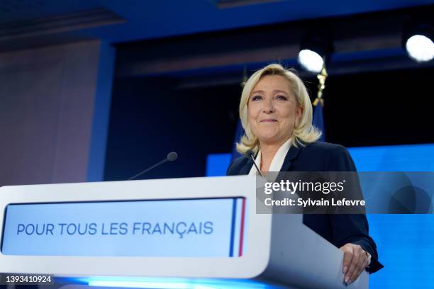 Marine Le Pen, presidential candidate, delivers her concession speech after early result projections show France's centrist incumbent president...