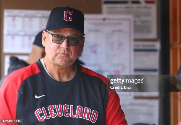 Terry Francona of the Cleveland Guardians looks on from the dugout before the game against the New York Yankees at Yankee Stadium on April 24, 2022...