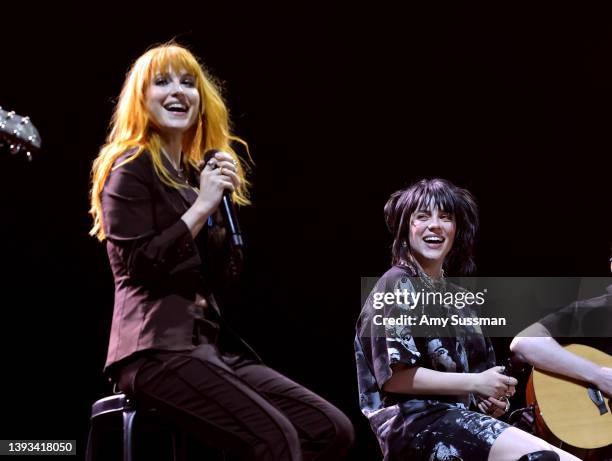 Hayley Williams and Billie Eilish perform on the Coachella stage during the 2022 Coachella Valley Music And Arts Festival on April 23, 2022 in Indio,...