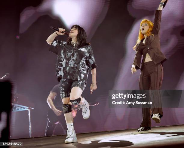 Billie Eilish and Hayley Williams perform on the Coachella stage during the 2022 Coachella Valley Music And Arts Festival on April 23, 2022 in Indio,...