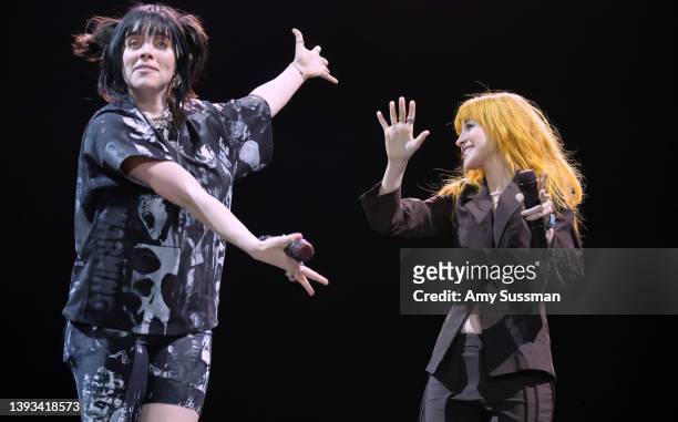Billie Eilish and Hayley Williams perform on the Coachella stage during the 2022 Coachella Valley Music And Arts Festival on April 23, 2022 in Indio,...