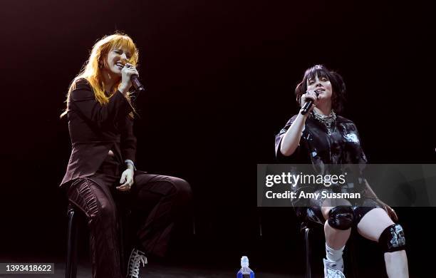 Hayley Williams and Billie Eilish perform on the Coachella stage during the 2022 Coachella Valley Music And Arts Festival on April 23, 2022 in Indio,...