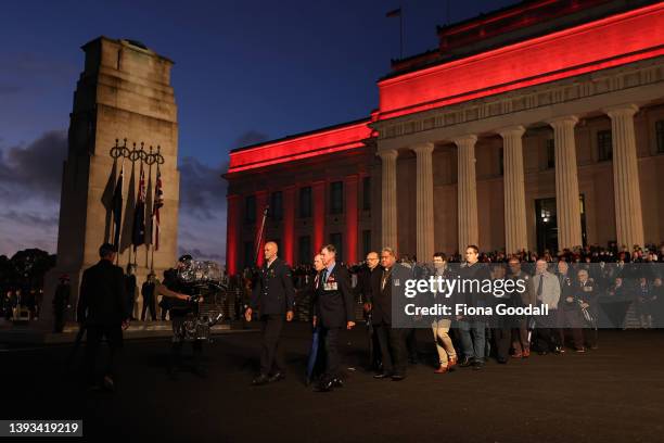 Veterans leave the court of honour after they commemorate Anzac Day during the dawn service at Auckland War Memorial Museum on April 25, 2022 in...